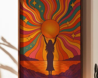 Sun Goddess Retro Boho Wall Art Print | Psychedelic Sunset Poster | Divine Feminine Energy Illustration | Vibrant 70s Style Artwork