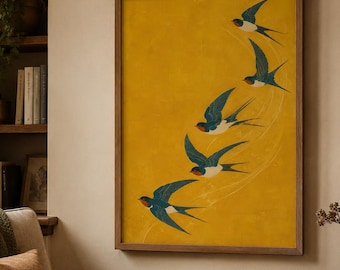 Swallow Print, Mustard Yellow Bird Wall Art, Flying Swallows Poster, Nature Lover Gift, Modern Cottagecore Decor