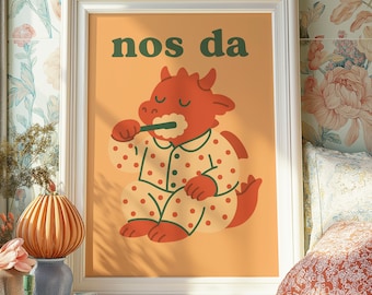 Nos Da Welsh Dragon Print, Cute Bedtime Dragon Poster, Funny Wales Wall Art, Quirky Welsh Gift Idea, Cymru Home Decor
