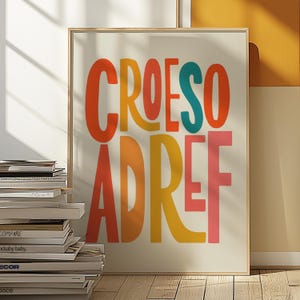 Croeso Adref Welsh Wall Art Print, Bold Colourful Typography Poster, New Home Gift Cymru, Modern Welsh Housewarming Decor Artwork