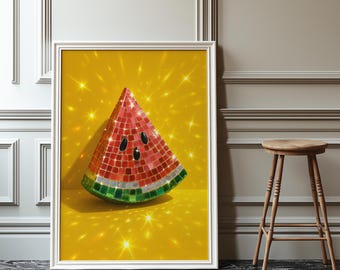 Póster de bola de espejos y rebanada de sandía: lámina de arte pop original para pared, decoración divertida y estimulante, arte retro para cocina o bar.