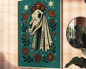 Mari Lwyd Folk Art Poster – Welsh Folklore Wall Print, Colourful Skull & Floral Illustration, Festive Mythology Decor