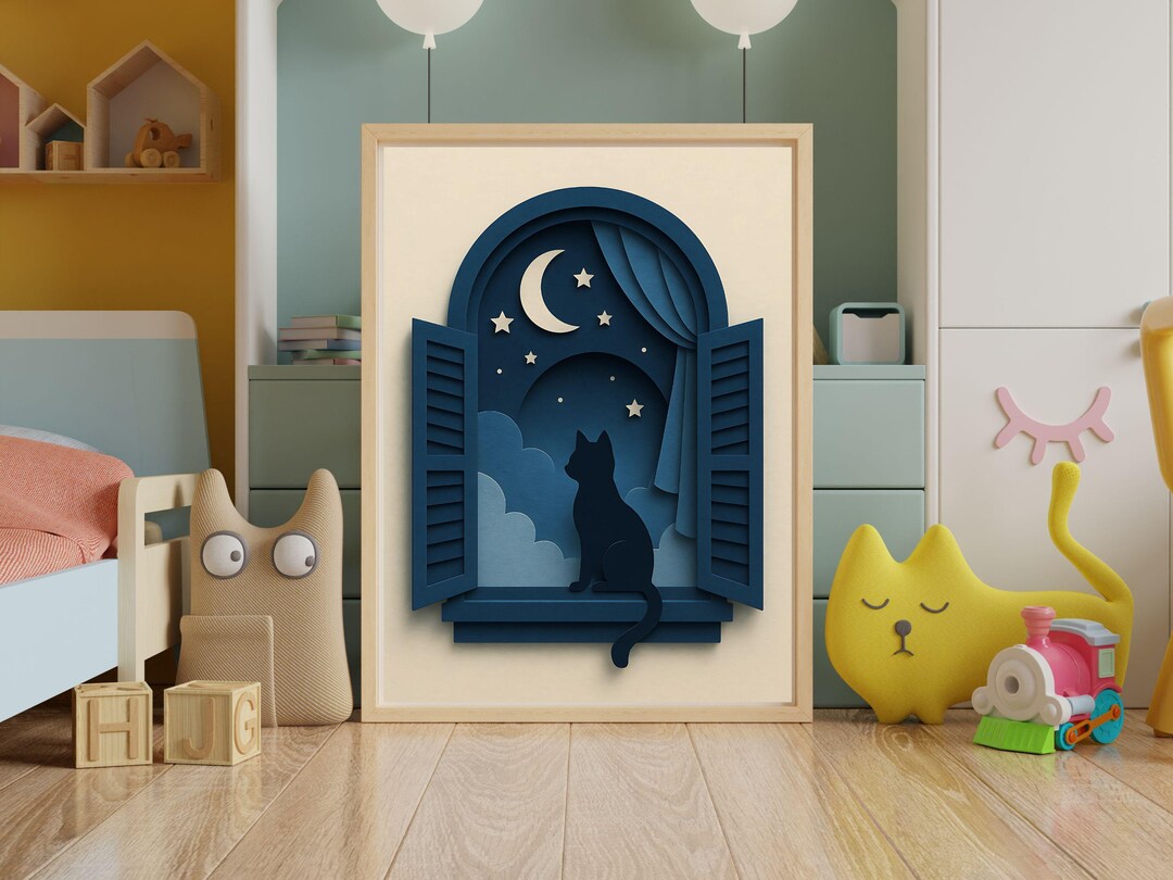 Whimsical Cat in Window Poster Print, Dreamy Night Wall Art in 3D Paper ...