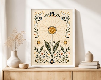 Folk Art Daisy Print, Scandinavian Floral Poster, Cottagecore Wall Art, Botanical Flower Decor, Vintage Daisy Wall Art