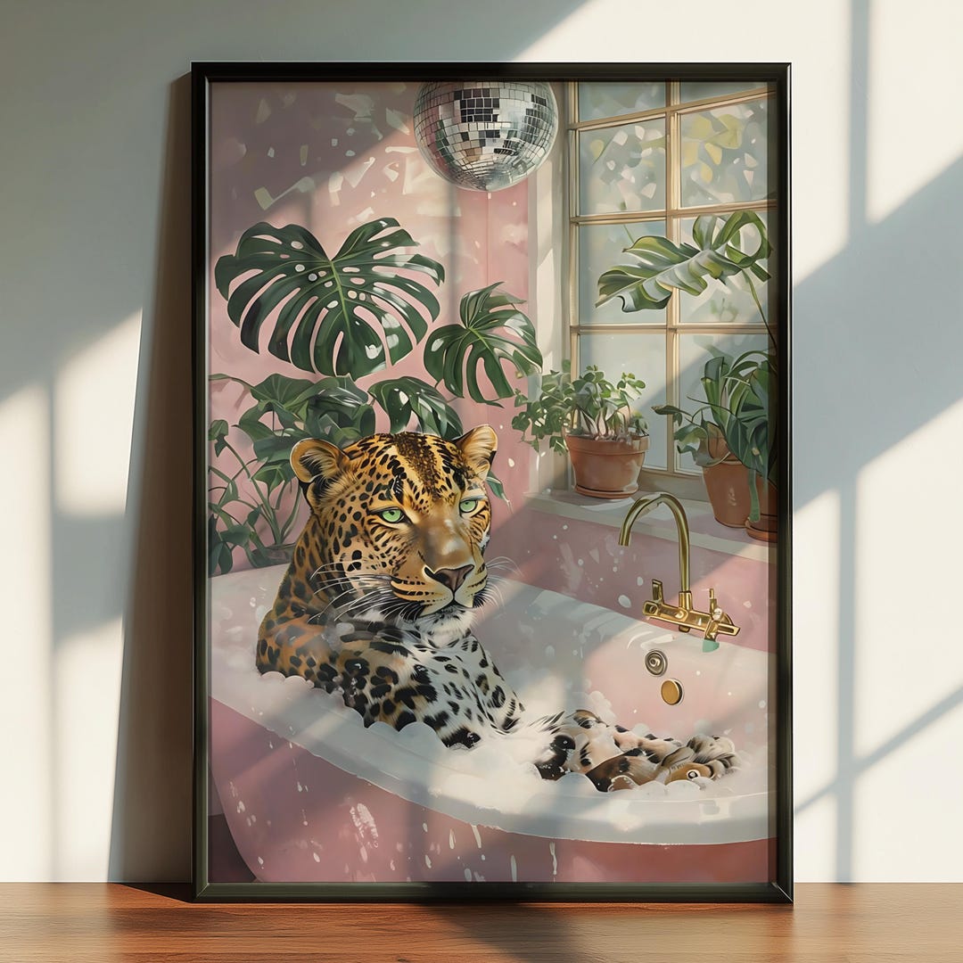 Leopard in Bubble Bath Art Print: Quirky Maximalist Bathroom Decor - Etsy