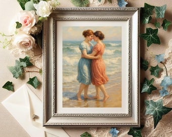 Lesbian Couple Print Seaside Embrace, Romantic Lesbian Wall Art For Home Decor, WLW Painting, Lesbian Wedding Gift