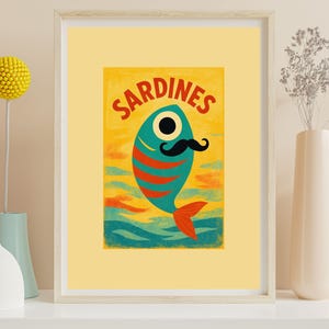 Mid-Century Modern Sardine Poster – Retro Kitchen Wall Art, Whimsical Fish Illustration, Coastal Vintage Home Decor Print