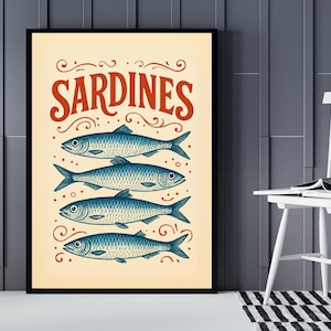 Vintage Sardine Poster Print – Retro Kitchen Wall Art, Mid-Century Blue & Cream Fish Illustration, Coastal Home Décor
