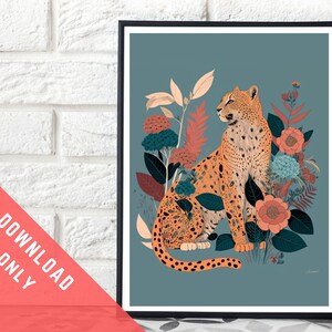 Instant Digital Download  Leopard and Colourful Plant Print | Boho Home Decor, Animal Wall Art, Flower Prints | Living Room Wall Art