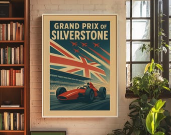 Póster del Gran Premio de Silverstone: Impresión artística retro de carreras de F1