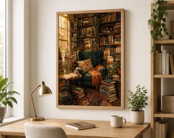 Book Nook Print, Cosy Reading Chair Poster, Book Lover Gift, Library Wall Art, Dark Academia Decor, Cat Reading Corner Art
