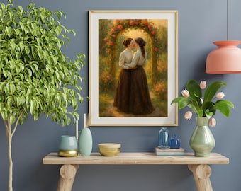 Lesbian Couple Print Victorian Garden Kiss, Classic Lesbian Art Poster For Home Decor, Lesbian Painting, Lesbian Wedding Gift