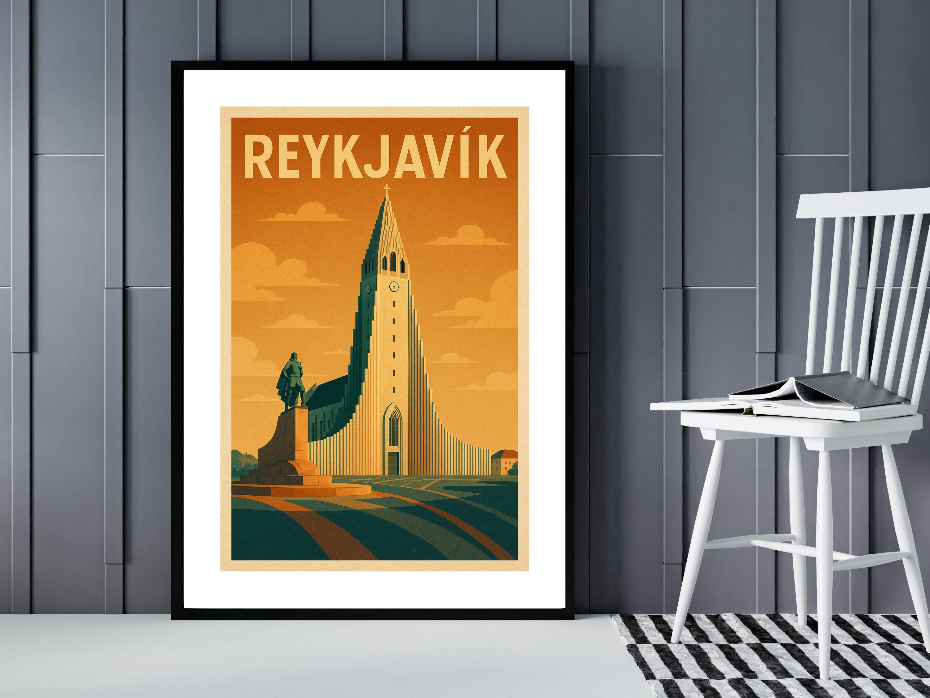 Iceland Reykjavik Hallgrimskirkja Travel Print – Retro Minimalist Landmark Poster, 250gsm Satin, UK Made