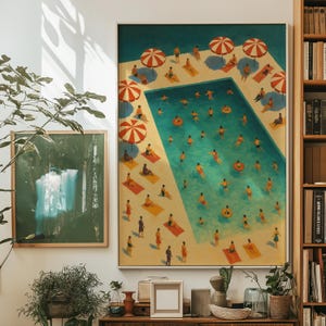 Retro Schwimmbad Poster • Mid-Century Sommer Wandkunst • Luftbild am Pool mit Regenschirmen • Vintage Stil Küsten Wohnkultur