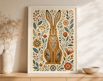 Folk Art Hare Print, Scandinavian Woodland Animal Poster, Cottagecore Rabbit Wall Art, Botanical Nursery Decor, Nature Gift