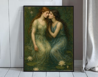 Pre-Raphaelite Lesbian Lovers Art Print, Romantic Lesbian Painting Poster, Classic WLW Art Gift, Lesbian Couple Print