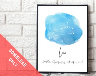 Leo Zodiac print. INSTANT DOWNLOAD. Astrology Star Sign Gift. Star Constellation Art. Horoscope Print. Birthday. New Baby.