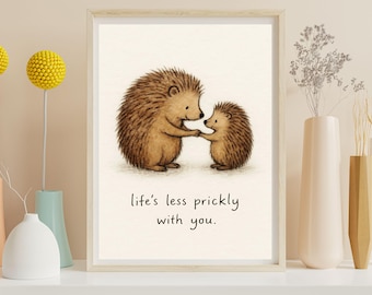Hedgehog print, woodland nursery wall art, whimsical hedgehog illustration style, animal cuddle poster, sweet family gift decor