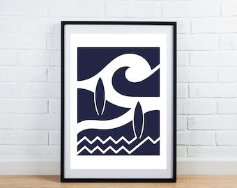 Navy Blue Surf Print, Coastal Minimalist Poster, Ocean Wave Wall Art, Modern Beach House Decor, Abstract Surfer Art Print