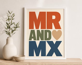 Mr and Mx Poster, LGBTQ+ Wedding Gift, Queer Couple Wall Art, Non Binary Partner Print, Pride Home Decor, Typography Art