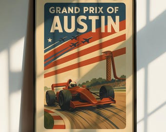 Austin Grand Prix Racing Poster | Retro Formula 1 Wall Art Print, Vintage Motorsport Decor, COTA Circuit of the Americas F1 Car Artwork