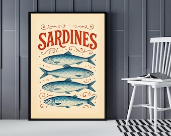 Vintage Sardine Poster-Druck - Retro Küchen-Wandkunst, blaue und cremefarbene Fische-Illustration aus der Mitte des Jahrhunderts, Küstendekor