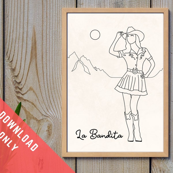 La Bandita Poster Print, Southwest Wall Art, Cowgirl Art Print, Retro Art Print, Desert Wall Art. Simple Minimalist Line Art Printable