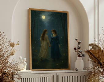 Lesbian Couple Gift Moonlit Forest Lovers Print, Romantic WLW Art Poster, Lesbian Pride Painting For Subtle Lesbian Pride