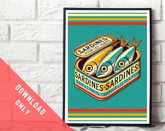 Sardine Downloadable Print – Quirky Coastal Wall Art, Vintage Nautical Illustration, Fish Kitchen Decor, Printable Sardine Artwork