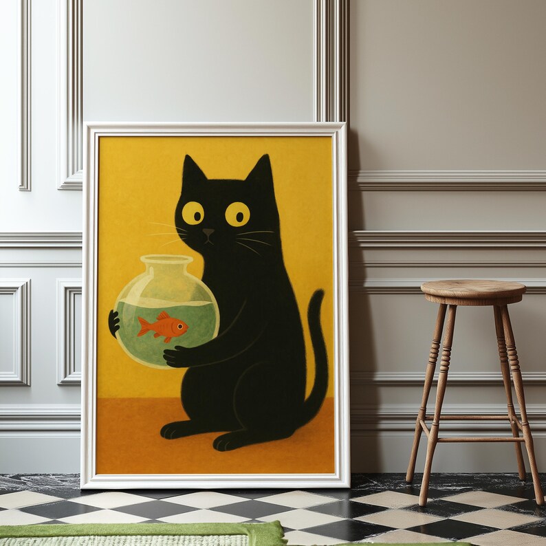 Funny Cat Wall Art | Black Cat Holding Fish Print | Whimsical Animal ...