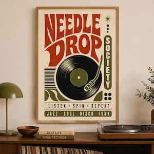Needle Drop Society Poster, Retro Vinyl Wall Art, Music Lover Print, Jazz Soul Disco Funk Poster, Record Player Art, DJ Room Decor