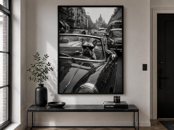 French Bulldog Driving Print, Funny Dog Poster, Black and White Frenchie Wall Art, Dog Lover Gift, Cool Car Decor