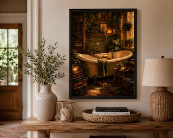 Bathroom Reader Print, Book Lover Bathroom Wall Art, Cosy Bath Poster, Book Nook Decor, Dark Academia Reading Room Print