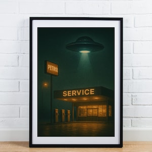 Retro UFO Poster, 1970s Motorway Service Station Sci-Fi Wall Art, Vintage Alien Encounter Print, Retro Sci Fi Decor