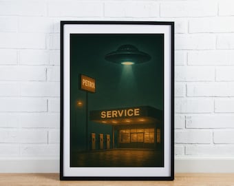 Retro UFO Poster, 1970s Motorway Service Station Sci-Fi Wall Art, Vintage Alien Encounter Print, Retro Sci Fi Decor