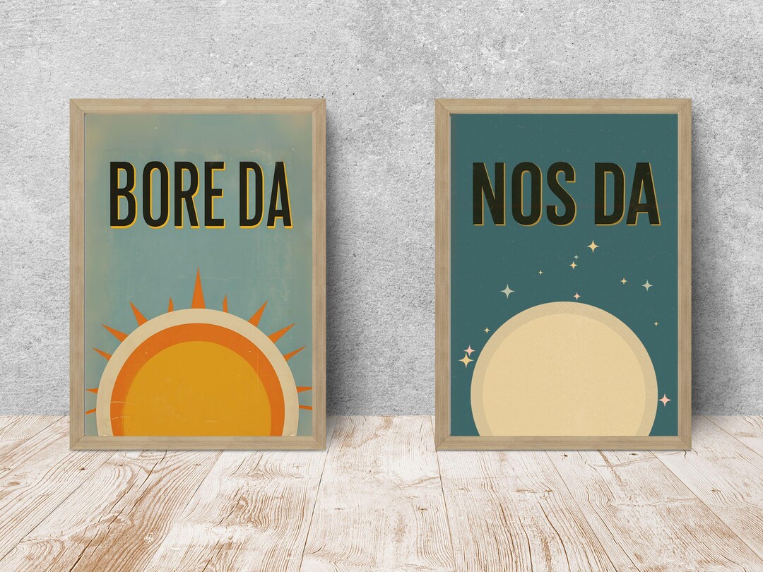 Bore Da Nos Da Welsh Poster Set of 2 | Retro Vintage Wall Art | Good ...