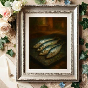Watercolour Sardine Still Life Print – Rustic Kitchen Wall Décor, Classic Food Painting Style for Country or Coastal Homes - Dark Academia