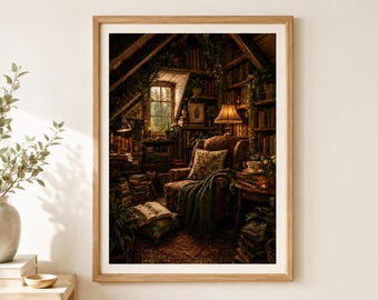 Attic Library Print, Cosy Reading Nook Poster, Book Lover Gift, Dark Academia Wall Art, Cottagecore Home Library Decor