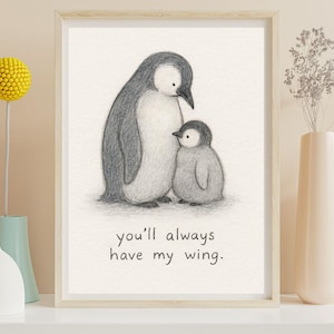 Penguin print, cute nursery wall art, whimsical penguin illustration style, parent and chick cuddle poster, family gift decor