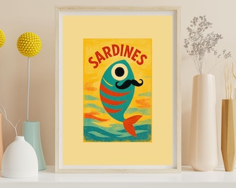 Mid-Century Modern Poster - Sardine Poster - Retro Küche Wandkunst, skurrile Fisch Illustration, Küsten Vintage Wohndekor Druck