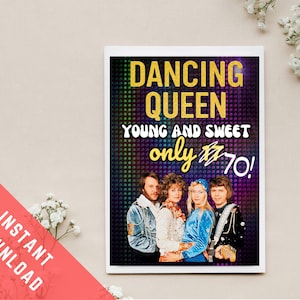 Carte d'anniversaire ABBA 70e imprimable - musique rétro des années 70, reine de la danse, voeux d'anniversaire, cadeau pour les fans d'ABBA, téléchargement immédiat, 70e anniversaire disco