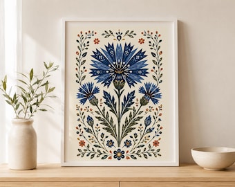 Folk Art Cornflower Print, Scandinavian Floral Poster, Blue Botanical Wall Art, Cottagecore Flower Decor, Vintage Garden Print