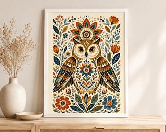 Folk Art Owl Print, Scandinavian Woodland Bird Poster, Witchy Cottagecore Wall Art, Botanical Owl Decor, Nursery Gift