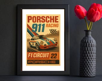 Formula 1 Porsche 911 Poster, Vintage Racing Wall Art, F1 Car Print, Motorsport Decor for Racing Enthusiasts