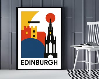 Druk podróżniczy Bauhaus w Edynburgu, retro geometryczna sztuka ścienna Szkocji, modernistyczny plakat z Zamkiem Edynburskim, minimalistyczny wystrój miasta