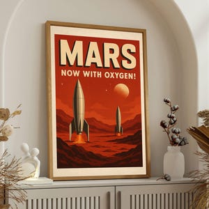 Retro Mars-reisposter, vintage ruimterace sci-fi raketkunst aan de muur, rode planeet astronomie print, interplanetair decor uit het midden van de eeuw