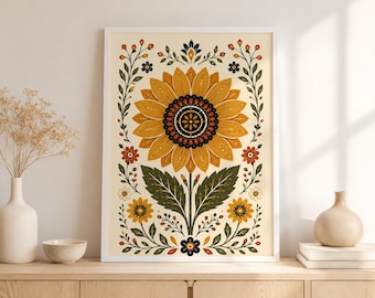 Folk Art Sunflower Print, Scandinavian Floral Poster, Cottagecore Wall Art, Botanical Flower Decor, Yellow Sunflower Art
