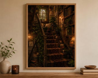 Staircase Library Print, Cosy Book Nook Poster, Book Lover Gift, Dark Academia Wall Art, Cottagecore Reading Decor