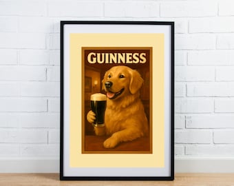 Golden Retriever Guinness Poster, Funny Pub Wall Art for Dog Lovers, Quirky Dog Art, Bar Cart Wall Decor