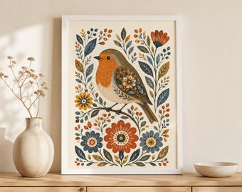 Folk Art Robin Print, Scandinavian Bird Poster, Cottagecore Wall Art, Botanical Robin Decor, Woodland Nursery Gift